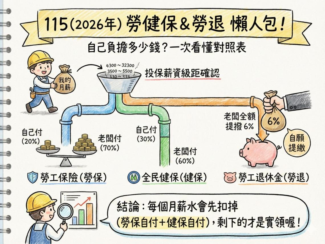 115年(2026)勞保投保薪資級距：勞保、健保、勞退提撥對照表！勞保健保費自己負擔多少一次看